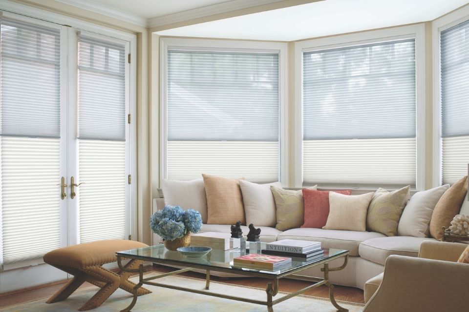 Hunter Douglas window treatments in living room 